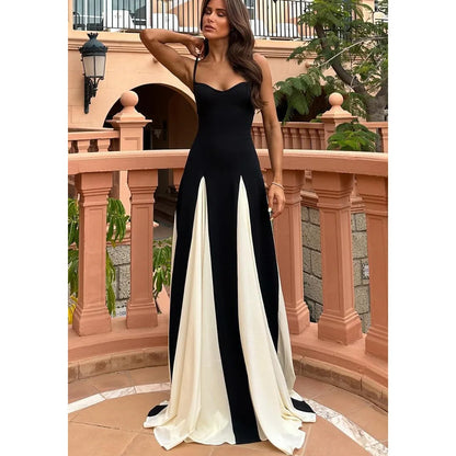 2024 Summer Elegant Female Vestidos Black White Patchwork Hem Maxi Dress Women Sexy Sleeveless Bodycon Sling Party Dresses Black and white