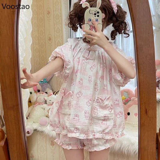 Kawaii Lolita Style Bunny Print Pajamas Set Girly Cute Short Sleeve Tops Shorts Suit Women Casual Princess Homewear Pijama Mujer Pink