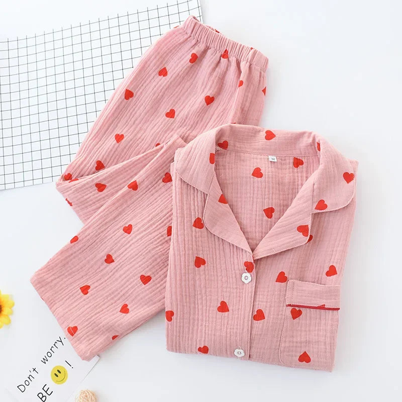 Japanese style spring, summer and autumn new ladies cotton gauze home service suit long-sleeved trousers cute cartoon suit women Pink heart