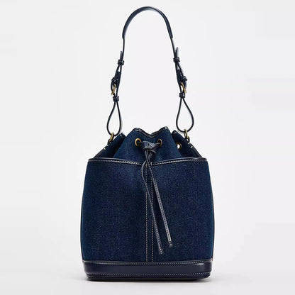 Fashion Denim Bucket Bags for Women Luxury Designer Handbags High Quality Canvas Shoulder Bag 2025 New Drawstring Women's Bag blue 30x24x12cm