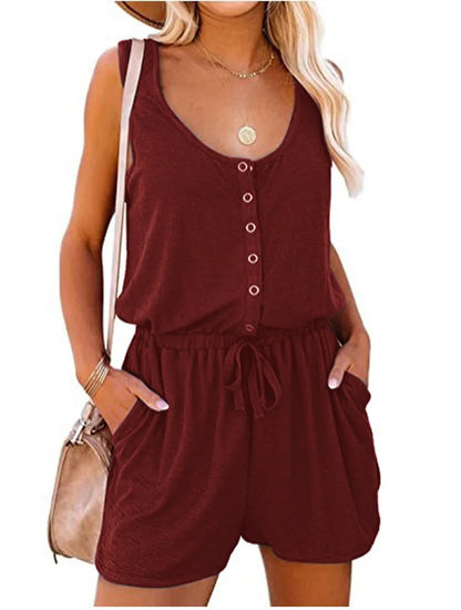 European and American Women's Summer Cross-Border New Sleeveless Jumpsuit With Waist Tied Casual Loose Wide leg Shorts Badiee Stylez