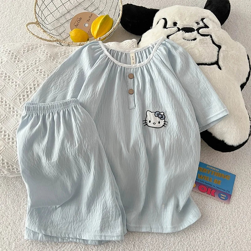 Summer New Cloud Cotton round Ne Button Sweet Cartoon Spwear Two-Piece Set Lightweight Comfortable Student Home Clothes