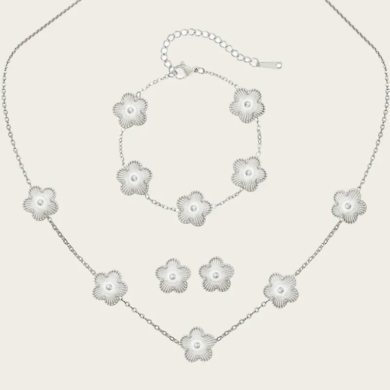 Stainless Steel Sets Earrings Necklace Bracelet Christmas Birthday Gifts Gold Plated Women's Double Sided Flower Elegant Fashion silver-color