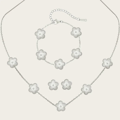 Stainless Steel Sets Earrings Necklace Bracelet Christmas Birthday Gifts Gold Plated Women's Double Sided Flower Elegant Fashion silver-color