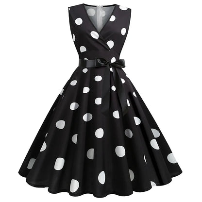 Summer V-neck sleeveless polka dot lace-up waist tucked vintage swing dress