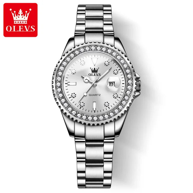 OLEVS Original Diamond Dial Quartz Watch for Women Fashion Elegant Ladies Watches Stainless Steel Waterproof Women's Wristwatch Silver White-GDBB