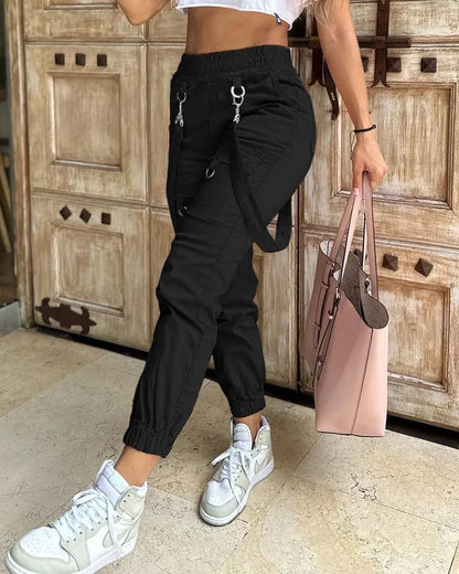 Women's Cargo Pants Casual Trousers 2024 Spring Autumn Solid Color Trend Street Pocket Design Cuff Suspenders Streetwear Women