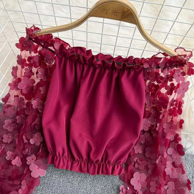 Off Shoulder Sexy Lace Blouses Women 2025 Spring Summer Korean Fashion Long Sleeve Tops Slim Flower Transparent Chiffon Shirts