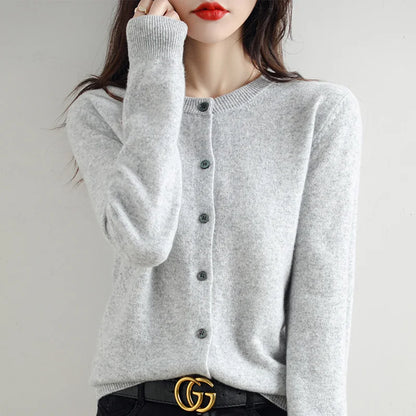 Knitted Cardigan Women's Sweater Autumn And Winter 2022 New Solid Color Coat Round Neck Short Long Sleeve Loose Korean Fashion Light Grey CHINA