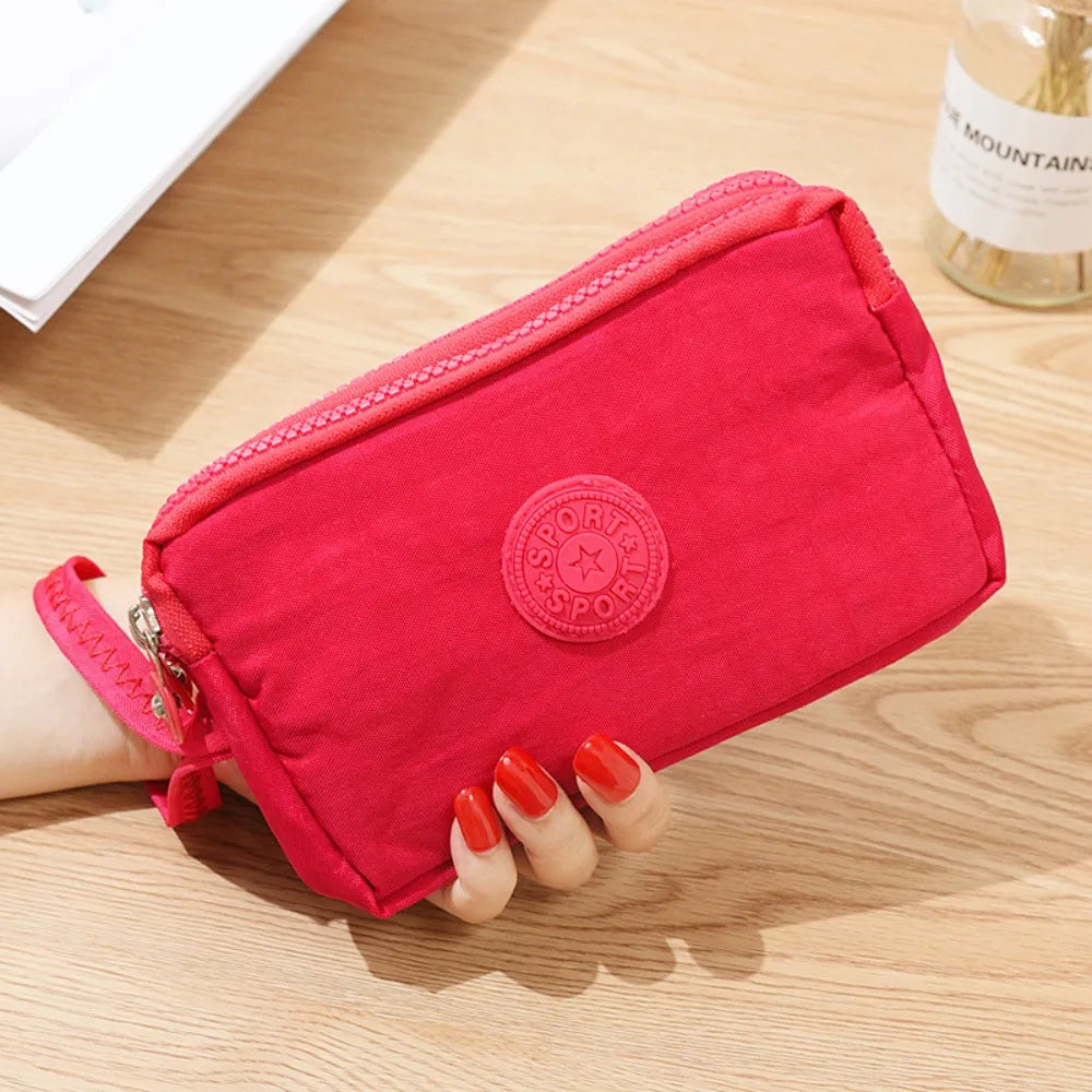 Bags Fabric Phone Purse Solid Color Coin Purse Three Zippers Bags Korean Style Wallets Women Wallets Wrinkle Clutch Bag rose red