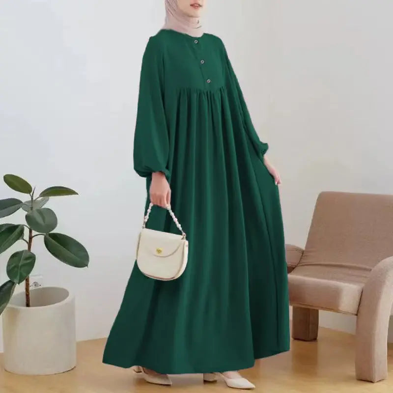 Stylish Casual Robe Bubble Sleeve Dress dark green