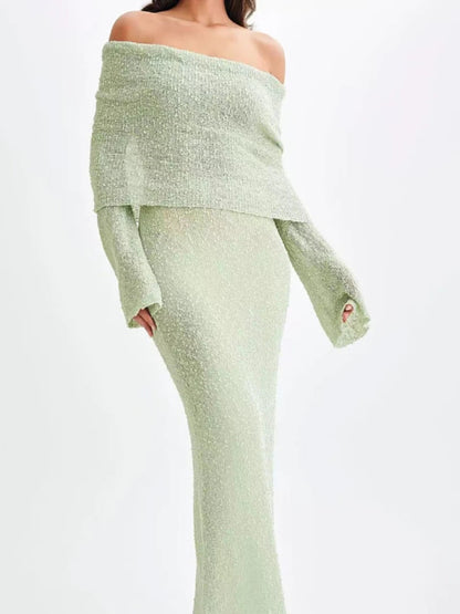Leosoxs Slash Neck Knitted Dress Women Thin Autumn Long Sleeve Elegant Vacation Beach Party Midnight Clubwear Mini Bodycon Light Green Long