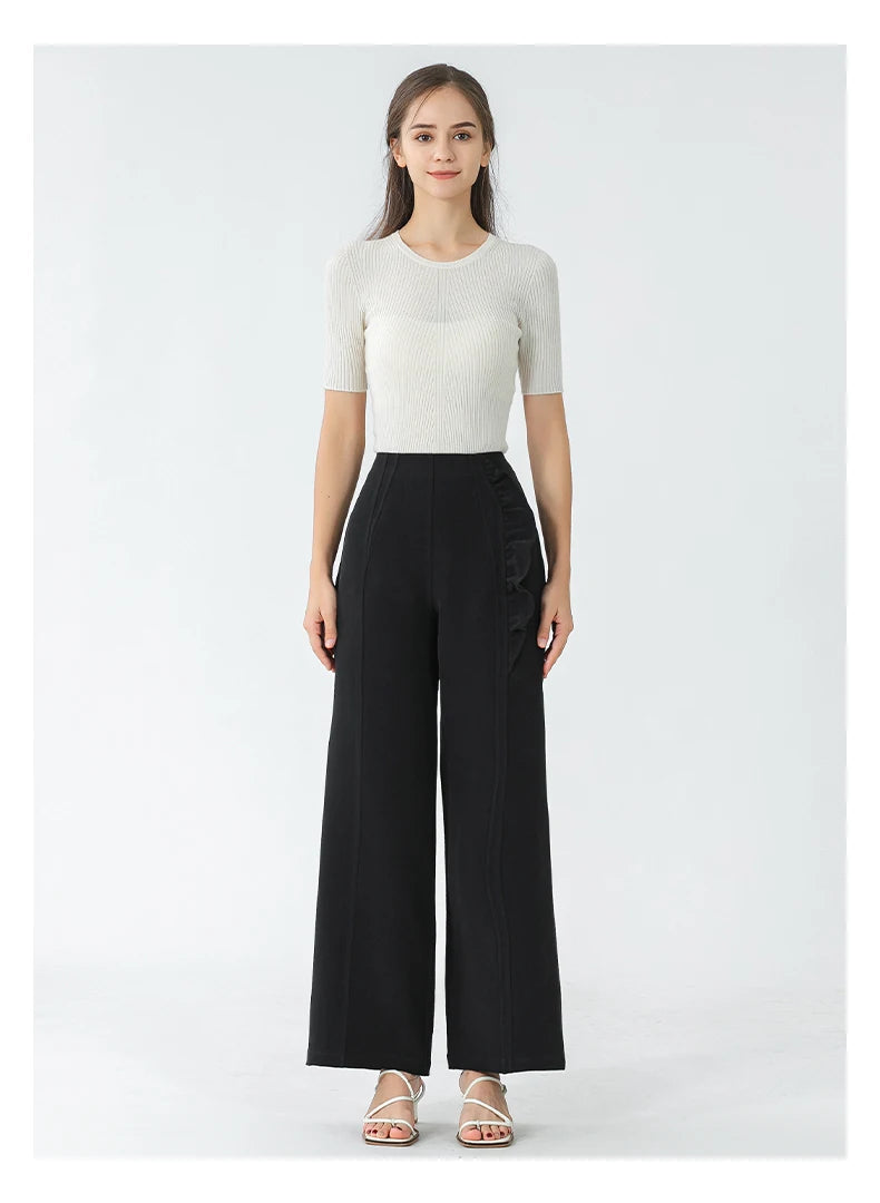 VOA Black 45 Momme Heavyweight Silk Natural Waist Trousers Asymmetrical Ruffle Office Ladies Straight Suit Wide Leg Pants KE797 Badiee Stylez