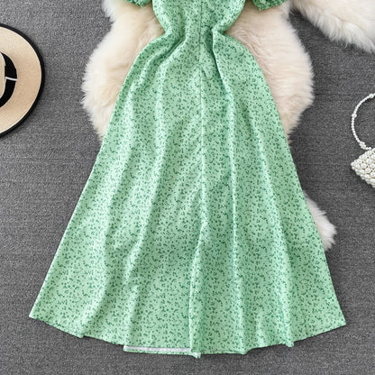 Summer Vintage Dress Blue Floral Summer Bubble Sleeve Tie Up Sexy Dresses Women A-line Print Split Long Dress Elegant Vestidos