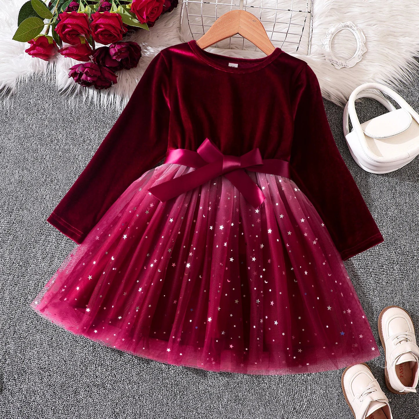 2025 Red Christmas Dress for Baby Girls Winter Long Sleeve Mesh Dresses for 3-8Yrs Kid Star Sequin Birthday Party Princess Dress Red 03