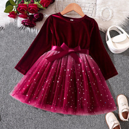2025 Red Christmas Dress for Baby Girls Winter Long Sleeve Mesh Dresses for 3-8Yrs Kid Star Sequin Birthday Party Princess Dress Red 03