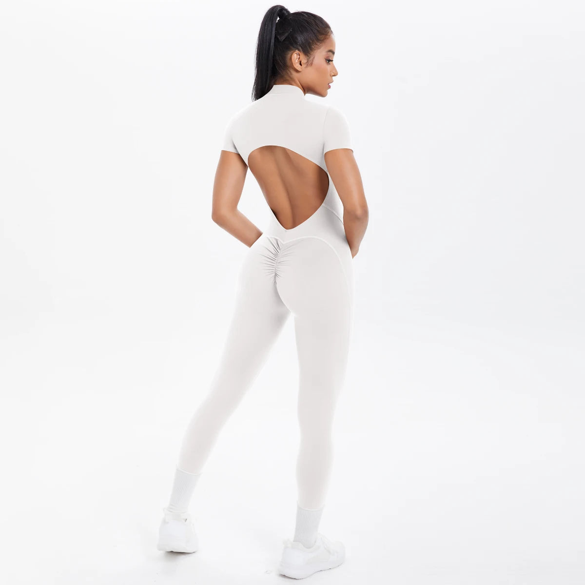 Short Sleeved Fitness Jumpsuit for Woman Bodysuits Backless Solid Color Scrunch One-Piece Suit Half Zipper Gym Yoga Sets Womens