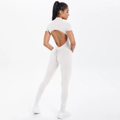 Short Sleeved Fitness Jumpsuit for Woman Bodysuits Backless Solid Color Scrunch One-Piece Suit Half Zipper Gym Yoga Sets Womens