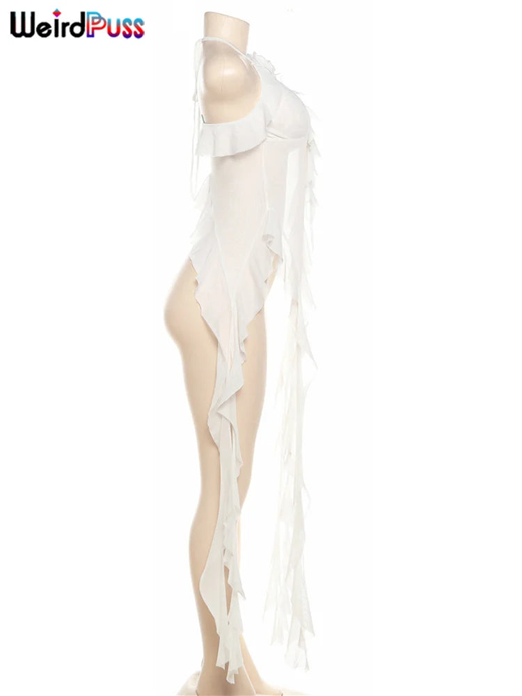 Weird Puss Ruffles Flowers Tank Tops Women Mesh Summer Sexy Deep V-Neck Irregular Tassel Halter Backless Camisole Wild Street