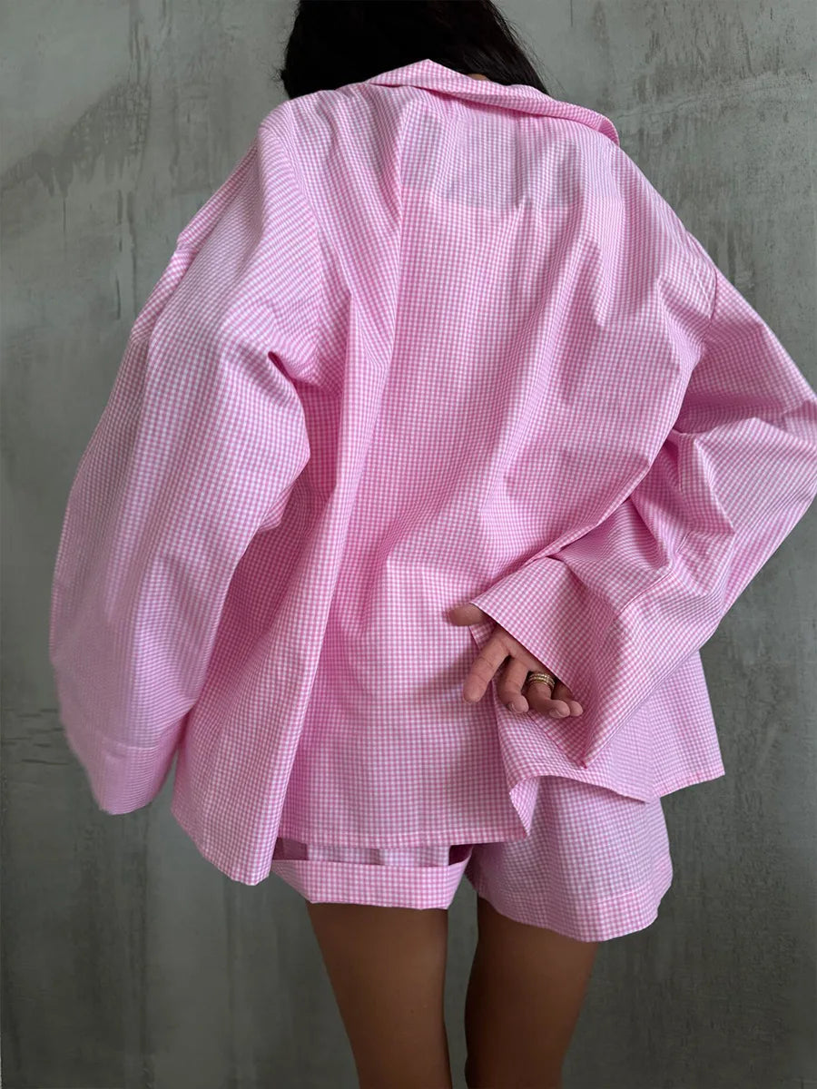 Muzuleva 100% Cotton Pink Patchwork Checkered Pajama Set Spring New Long Sleeved Shorts Pajamas Women's Casual Home Clothes
