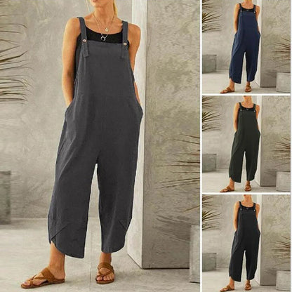 Women Loose Wide Leg Overalls Summer Adjustable Solid Color Cotton Linen Baggy Full Trousers Female Jumpsuits Oversized