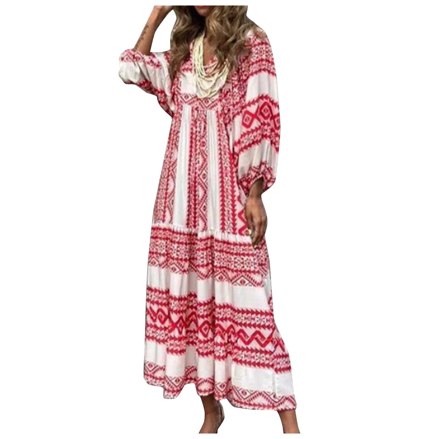 Puff Sleeve Boho Maxi Dress Elegant Women Summer 2022 Casual Floral Drawstring V-Neck Loose Holiday Beach Dresses Party Vestidos Badiee Stylez