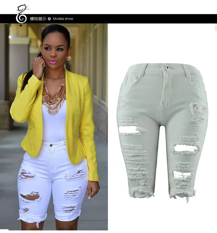 Summer New Fashion Women's American Washed Blue Solid Color High Waist Hole Patched Denim Shorts Skinny Jeans Shorts Female