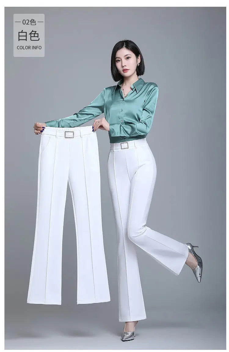 Office Lady Elegant Fashion Flare Pants Spring Autumn Diamonds High Waist All-match Solid Women Casual Straight Trousers 2022 Badiee Stylez