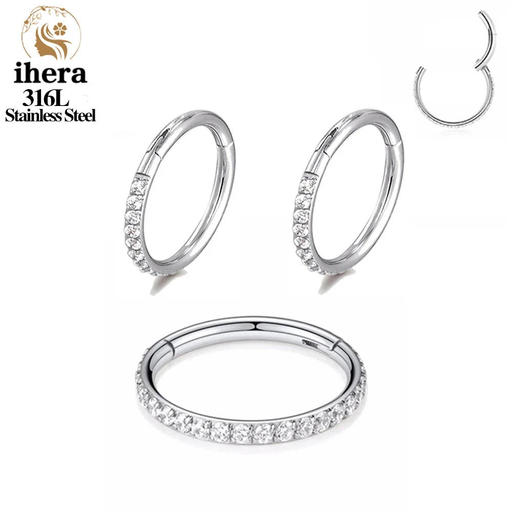 316L Stainless Steel Zircon CZ Hinged Segment Nose Septum Clicker Ring Round Earrings Hoops Ear Tragus Helix Piercing Jewelry