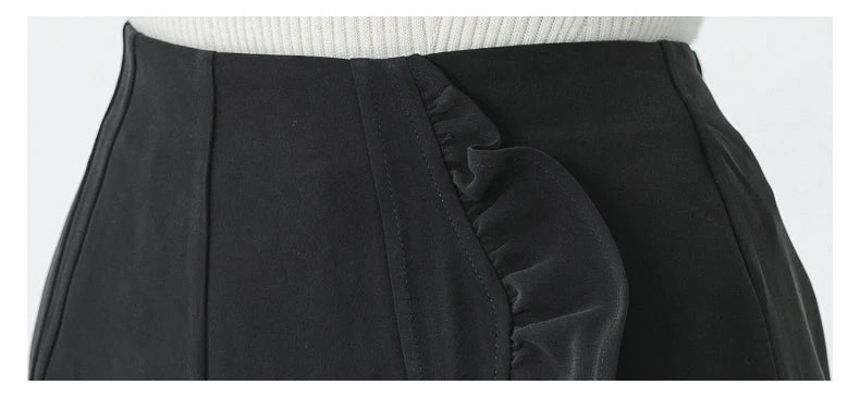 VOA Black 45 Momme Heavyweight Silk Natural Waist Trousers Asymmetrical Ruffle Office Ladies Straight Suit Wide Leg Pants KE797 Badiee Stylez