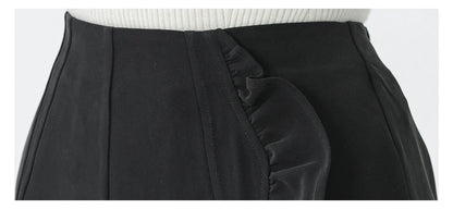 VOA Black 45 Momme Heavyweight Silk Natural Waist Trousers Asymmetrical Ruffle Office Ladies Straight Suit Wide Leg Pants KE797 Badiee Stylez