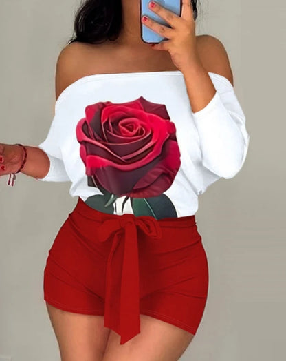 Sexy Elegant Rose Print Off Shoulder Tied Detail Romper New Fashion 2024 Summer Casual Jumpsuits One Pieces Female Clothing