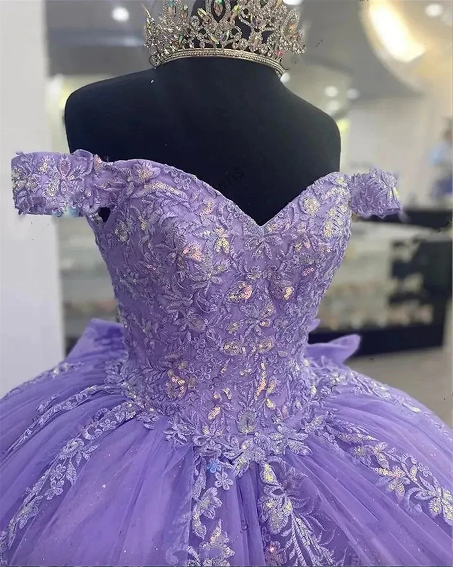 ANGELSBRIDEP Shiny Lavender Quinceanera Dresses With Bow Floral Lace Off-Shoulder Vestidos De 15 Anos Birthday Party Customized Badiee Stylez