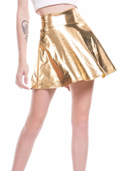 CUHAKCI Short Sexy High Waist Pleated Skirts Women Solid Casual Silver Gold Mini Laser Women Party Club D134 Gold