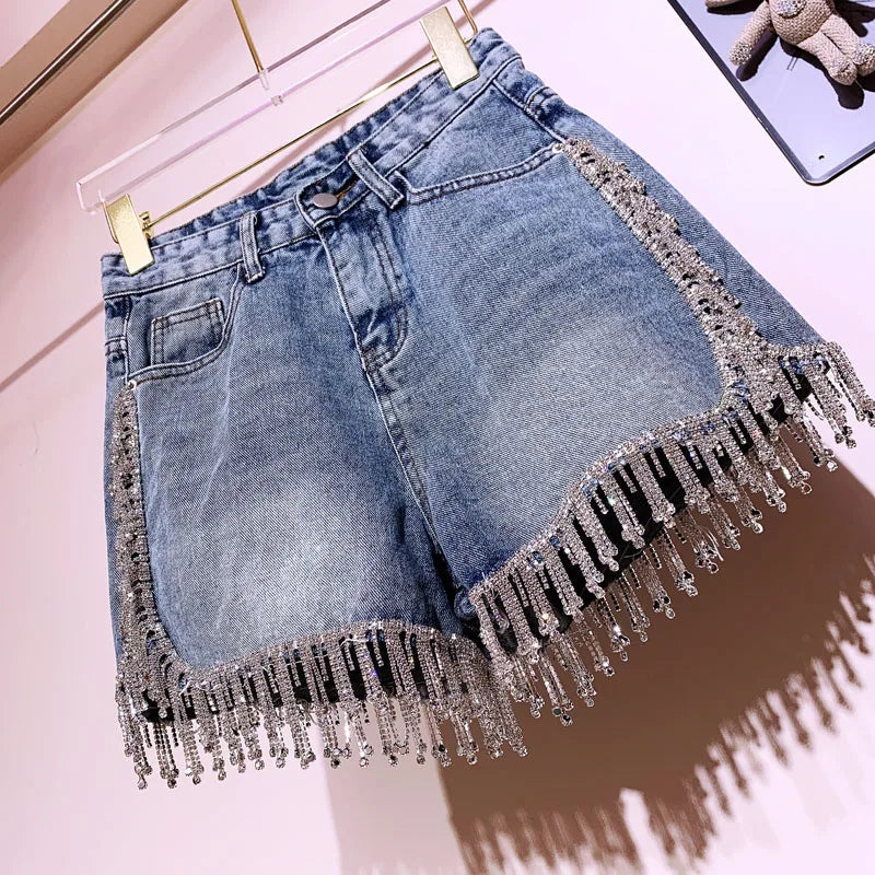 Sexy Wimen Rhinestones Fringed High Waist Hot Drilling Denim Shorts Diamonds Tassels Jeans Hot Pants Chic Crystal Short Trousers Blue
