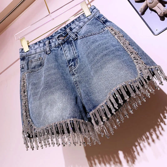 Sexy Wimen Rhinestones Fringed High Waist Hot Drilling Denim Shorts Diamonds Tassels Jeans Hot Pants Chic Crystal Short Trousers Blue
