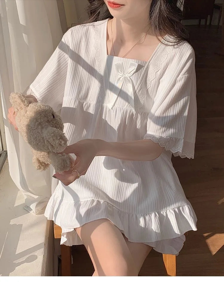 Palace Style Pajamas Ladies Summer Loungewear Set Short-Sleeved with Cushion Korean Small Sweet Girlfriends Loungewear Set