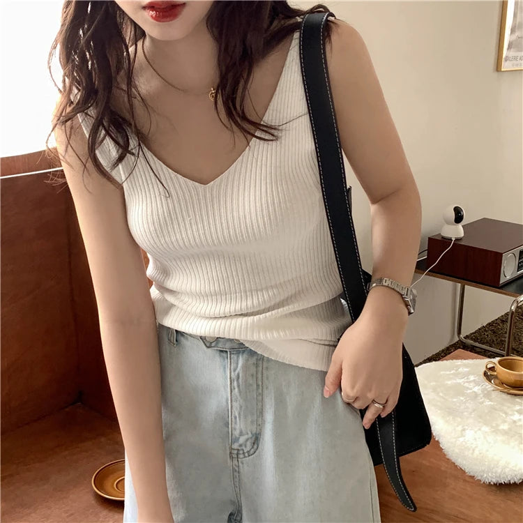 Solid Color Basic Women's Vest Tank Top Solid Color Knitted Tees Top Cropped Top Camisole Sweater V-neck Summer Sleeveless