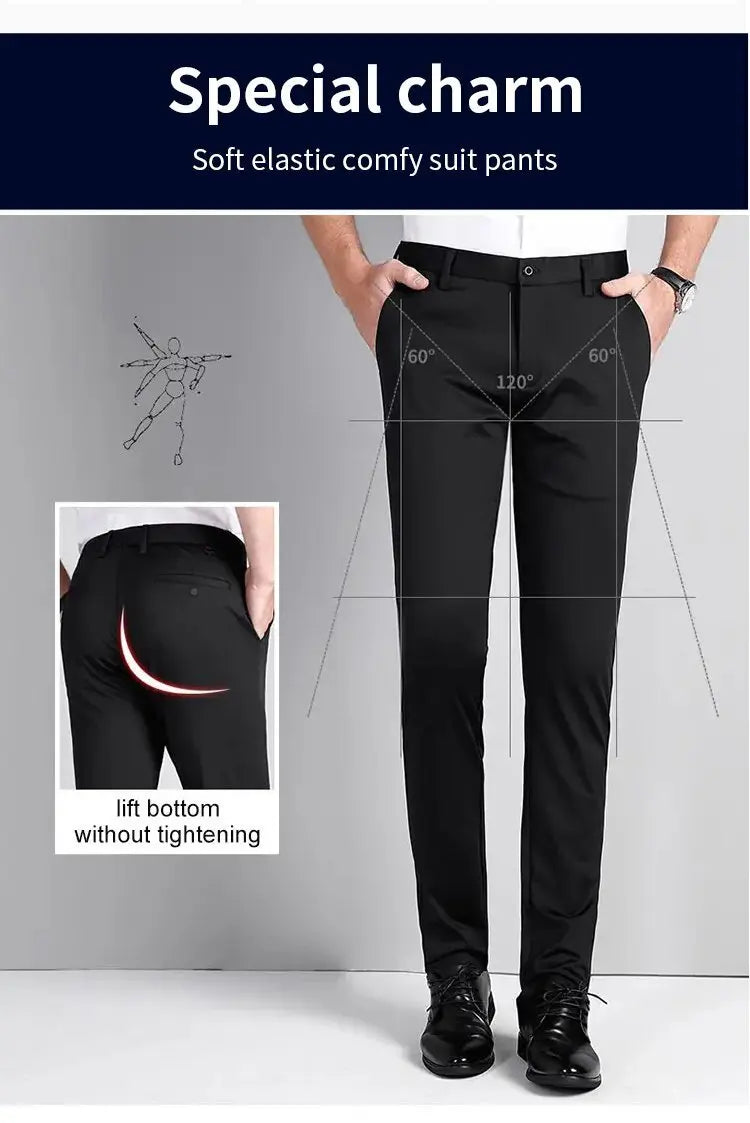 Men's ice silk suit pants Elastic mid-waist baggy trousers Straight business trousers