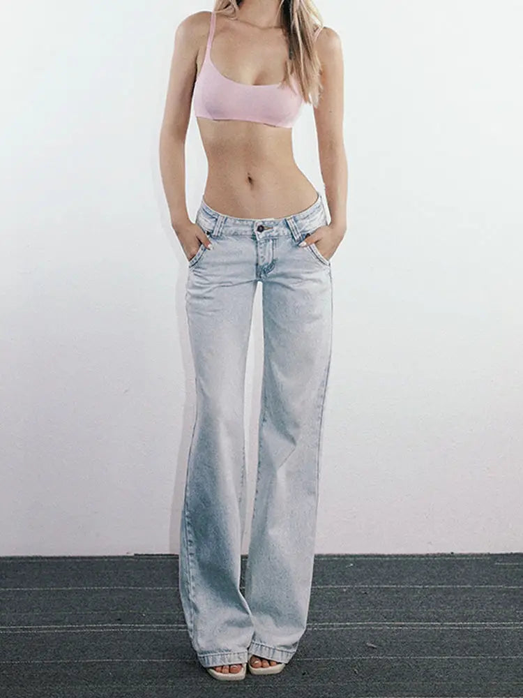 Warenew Light Blue Low Waist Jeans Woman Streetwear American Vintage Denim Pants Female Casual Washed Straight Pantalons Mujer