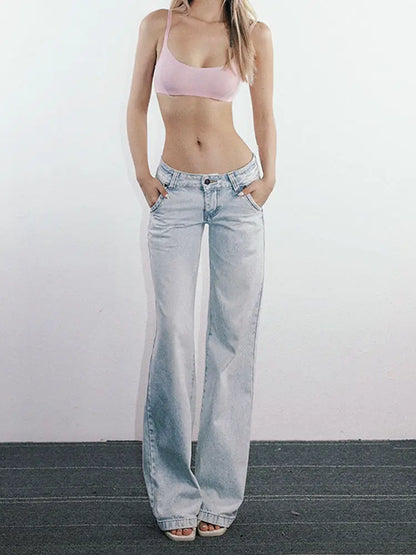 Warenew Light Blue Low Waist Jeans Woman Streetwear American Vintage Denim Pants Female Casual Washed Straight Pantalons Mujer
