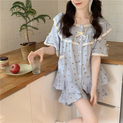 Summer New Women's Princess Style Sweet Pajamas Homewear Set Girls Lace Small Floral Summer Short-Sleeved Shorts Loose Pajamas
