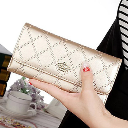 Black Long Wallets for Women PU Leather Diamond Pattern Purse Card Holder Crown Buckle Ladies Phone Bag Fashion Clutch Bag Champagne gol