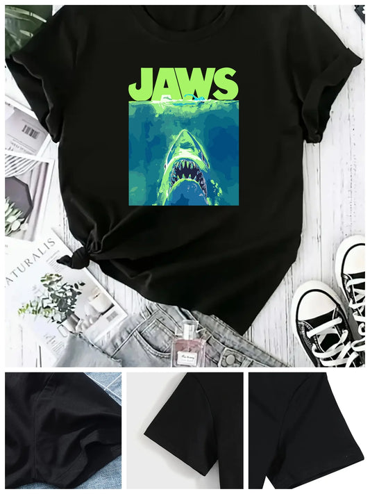 1pc Women's Plus Size Casual T-Shirt, JAWS Graphic, Round Neck, Short Sleeve, Oversized Alphabet Tee for All Seasons black