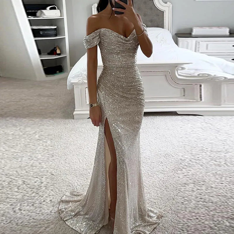 Women Elegant High Slit Cocktails Dress New Lady Party Banquet Slim Sequin Maxi Dress Sexy Slash Neck Glitter Floor-Length Dress 03 Silvery