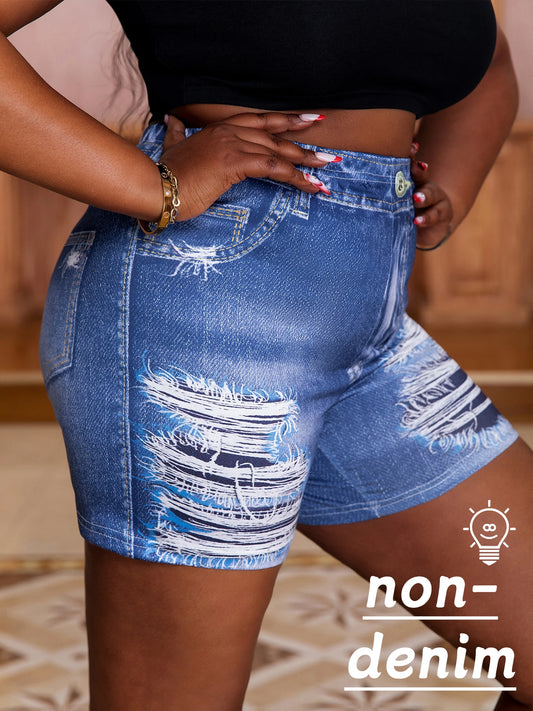 Plus Size Women's Denim-Look Printed Shorts Trendy Ripped Effect Comfortable Tight Fit Casual Chic Summer Hot Pants