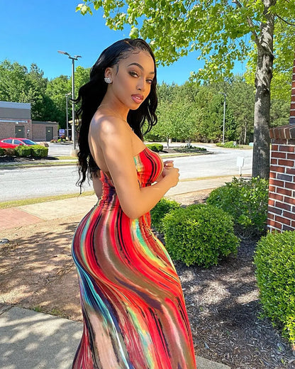 Spring And Summer Dresses For Women Chest Wrap Printed Off Shoulder Bandage Slim Sexy Long Dress 2023 New Fashion party MsChuh