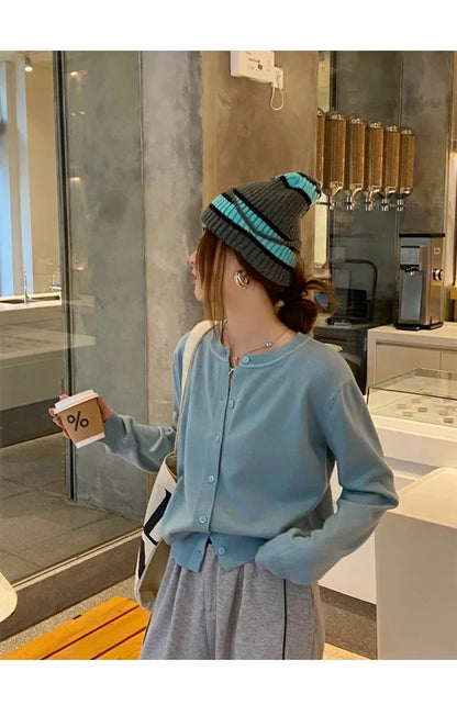 New 2025 Spring Summer Knit Cardigan O-Neck Solid Color Fashion High-Grade Comfortable Slim Casual Knitwear Tops