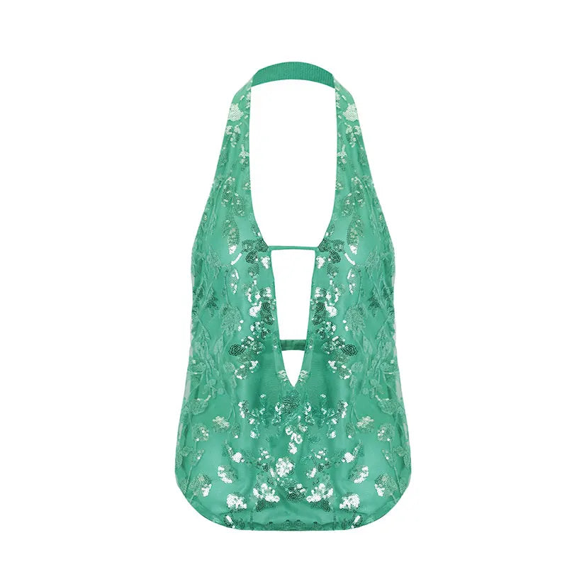 Summer New Women's Tank Streetwear Fashion Vest Sequins Halter Sexy V-Neck Backless Female Casual Slim Versatile Tank Clothing Green