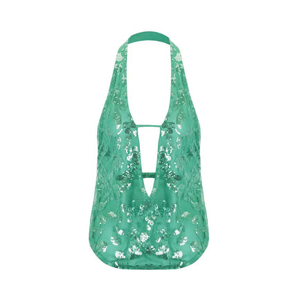 Summer New Women's Tank Streetwear Fashion Vest Sequins Halter Sexy V-Neck Backless Female Casual Slim Versatile Tank Clothing Green